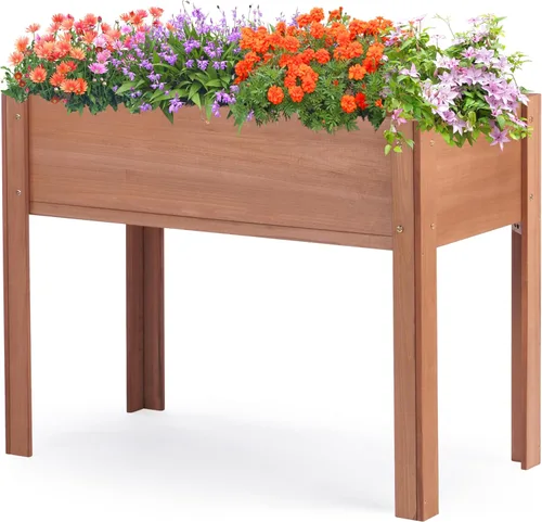 Vista 10 de Cama de jardín elevada con patas (31 x 16 x 31 pulgadas), maceta elevada de madera maciza para exteriores