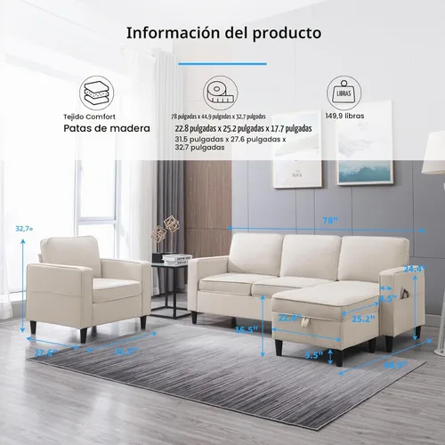 Vista 2 de PUREMIND Juego de sofá de 2 piezas, moderno juego de sofá y silla en forma de L de lino con otomana de almacenamiento y bolsillo lateral, sofás