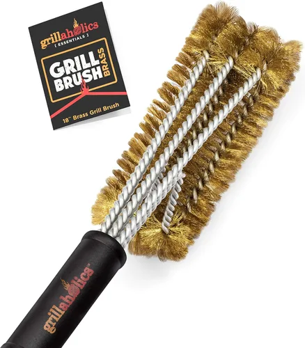 Cepillo de parrilla de latón Grillaholics – Cepillo de barbacoa seguro para cocinar al aire libre – Herramienta de limpieza de parrilla de cerdas