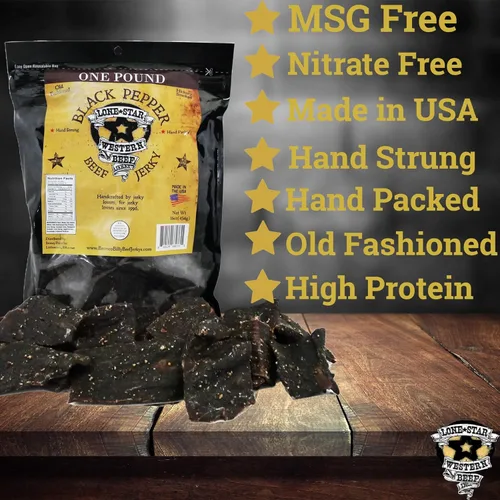 Vista 4 de Lone Star Black Pepper Beef Jerky - Bolsa resellable de 1 libra - Sabor artesanal ahumado de nogal - Bocadillo de carne saludable con alto contenido
