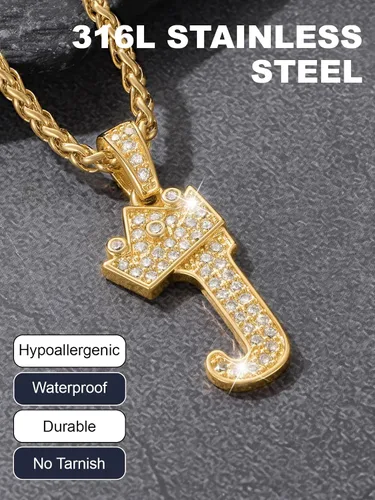 Vista 6 de U7 Crown Initial Number Necklace for Men Women A-Z Letter Pendant Chain a. Oro