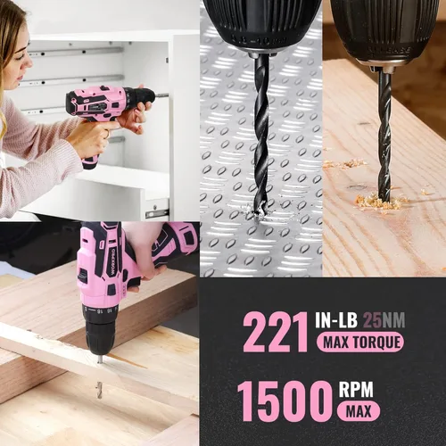 Vista 8 de WORKPRO Juego de herramientas rosa con taladro eléctrico, kit de taladro rosa portátil de 108 piezas para damas para el hogar con caja