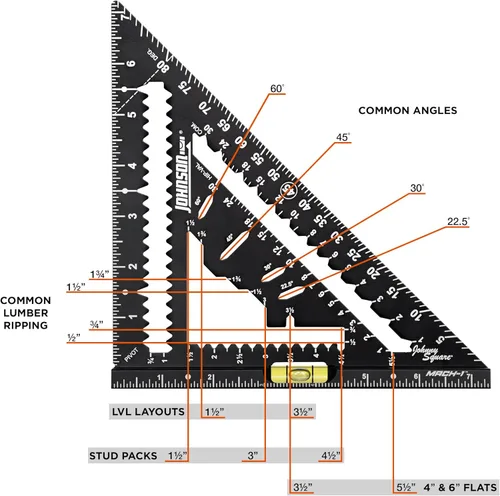 Vista 2 de Johnson Level & Tool 1904-0700V 7-1/4 pulgadas Johnny Square® MACH-1™ Smart Mark™ Rafter Square con vial nivel, negro