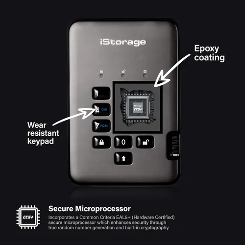 Vista 3 de iStorage diskAshur PRO2 HDD 500GB Disco duro portátil seguro Certificado FIPS nivel 3 Protección con contraseña Polvo y resistente al agua