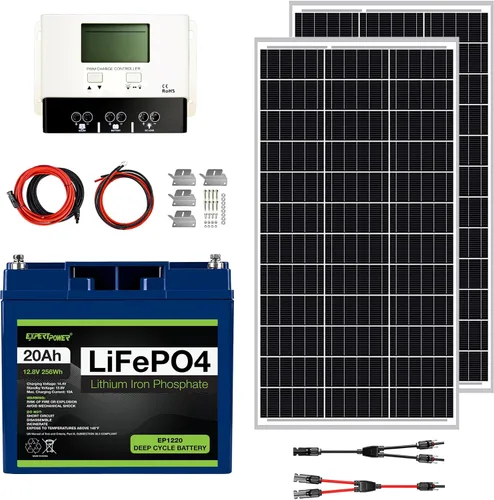 Vista 8 de ExpertPower Kit de energía solar de 100 W y 12 V Batería de litio LiFePO4 de 12 V y 20 Ah Panel solar monorígido de 100 W, controlador de carga