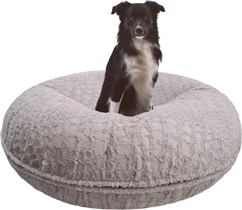 Vista 7 de Bessie + Barnie Cama para perro Bagel – Cama de puf de piel sintética extra afelpada – Cama circular para perro – Forro impermeable y funda lavable