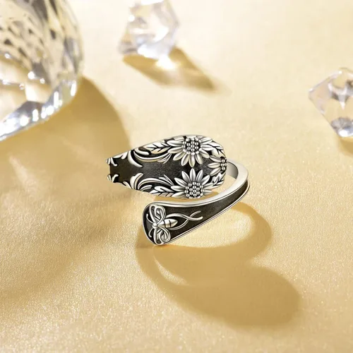 Vista 4 de Anillo de cuchara de girasol Plata de ley Vintage Ajustable Antiguo Cuchara Anillos para Mujer Boho Flor Anillo de pulgar ancho
