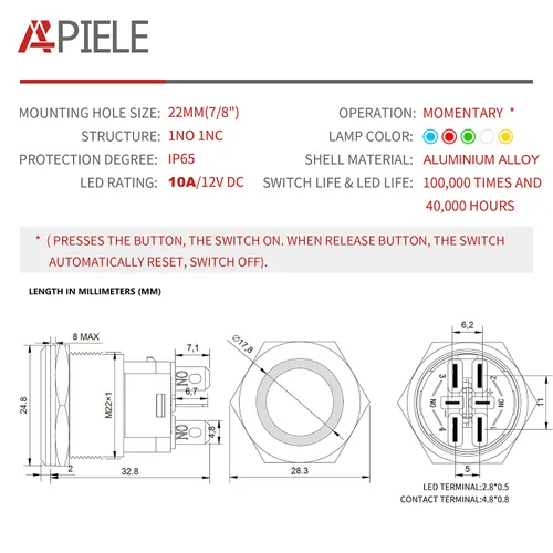 Vista 2 de APIELE Interruptor de botón momentáneo de 10 A, 22 mm, LED ojo de ángel, impermeable, redondo, autorresetable, 7/8'', 1NO 1NC