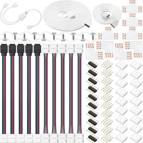 Honoson 5050 Kit de conector de tira LED RGB de 4 pines de 0.394 in, cable de extensión RGB, puente de tira LED, cable divisor RGB de 2 vías, L, T,