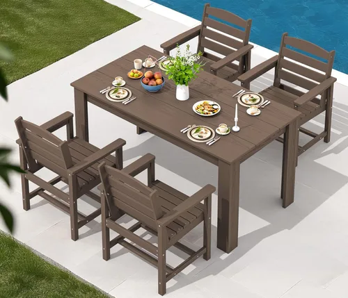 Vista 31 de SERWALL Juego de comedor HDPE para 4, juegos de comedor al aire libre para 4 personas con 1 orificio para sombrilla, mesa rectangular y 4 sillas