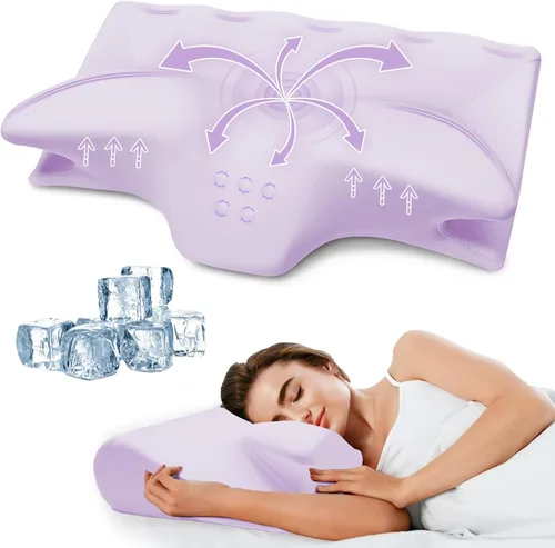 Vista 13 de Almohada cervical para el cuello para aliviar el dolor, almohadas ergonómicas de espuma viscoelástica de contorno para dormir, almohada refrescante