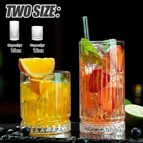 Vista 2 de Vasos de Cristal para Beber, Juego de 8 Vasos de Vidrio Duraderos-4 Vasos Highball de 15oz y 4 Vasos Rocks de 12oz, Vasos de Mojito, Vasos