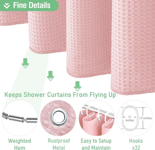 Vista 623 de Cortina de ducha de tela Dynamene verde oscuro - Cortinas de baño de tela de nido de abeja texturizadas resistentes, juego de cortinas de baño