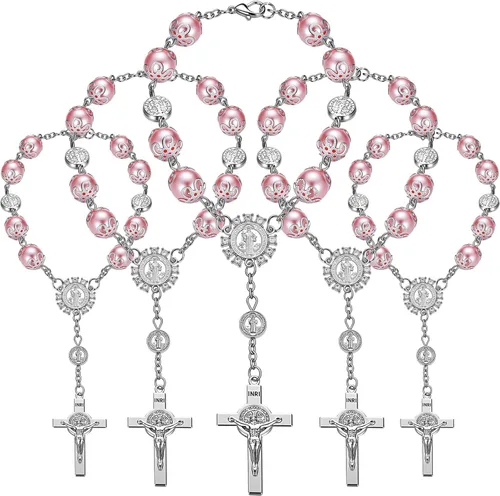 Tudomro Rosario de cristal rosa, 24 piezas de rosario de bautismo, rosarios de dedo, perlas de imitación para bautismo, bautizo, comunión, recuerdos