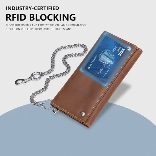 Vista 4 de Cartera de piel auténtica con tres pliegues para hombre con cadena cartera de motociclista con cadena larga y resistente Marrón largo