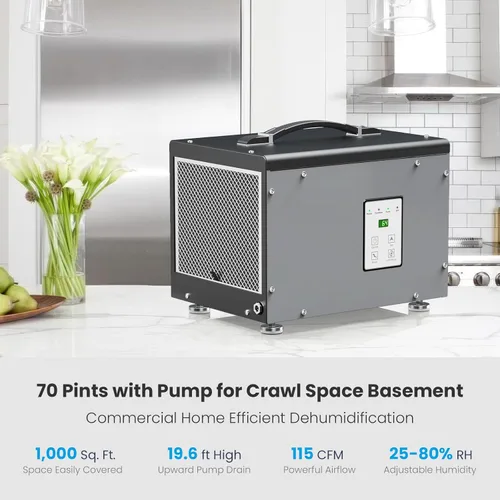 Vista 3 de Deshumidificador BaseAire para Espacios de Arrastre con Bomba, Deshumidificadores Compactos para Uso Comercial, Sótano y Daños por Agua con Manguera