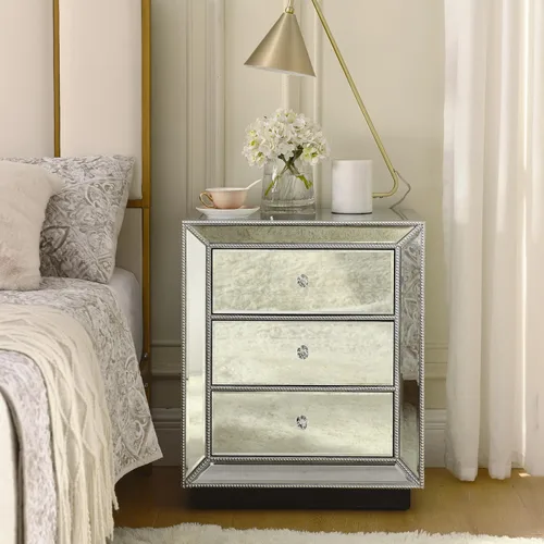 Vista 67 de HomVent Mesita de noche con espejo, mesa auxiliar con espejo, mesa de noche pequeña de cristal plateado para dormitorio, sala de estar