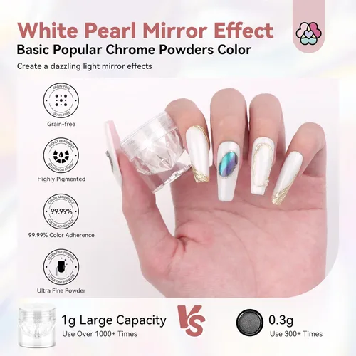 Vista 2 de SAVILAND Polvo de uñas cromado con perla blanca: 1 g de polvo de cromo con efecto espejo metálico, unicornio, iridiscente, nacarado, aurora