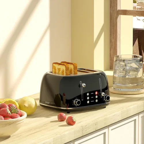 Vista 6 de Tostadora de 4 rebanadas, tostador retro de acero inoxidable con 6 ajustes de tostado de pan, ranuras de 1.5'' de ancho con funciones