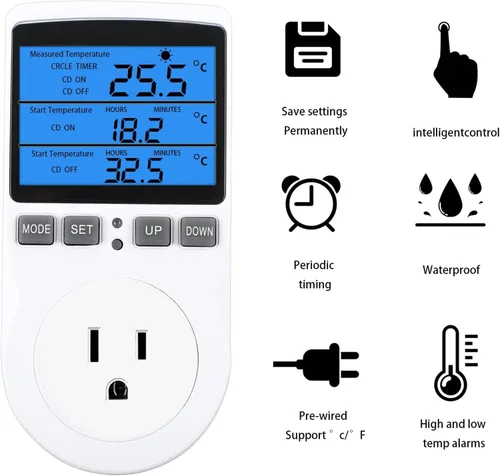 Vista 3 de Controlador de temperatura digital retroiluminado, pantalla LCD, termostato de refrigeración de calefacción, enchufe de salida con sensor regulador