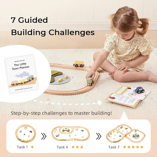 Vista 4 de OOOK Juego de tren de madera multiescenario, todos los accesorios de madera para niños pequeños de 3 años, juguete de tren multiescenario para niñas