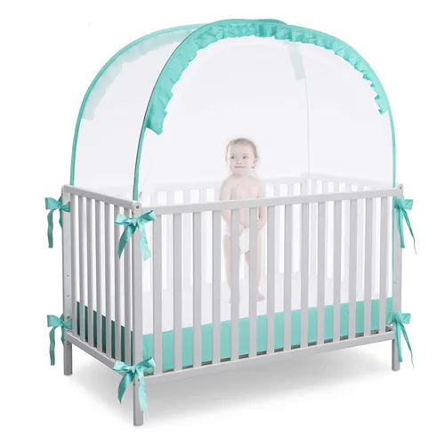 Vista 15 de L RUNNZER Tienda de campaña de seguridad para cuna, toldo desplegable para cuna para evitar que el bebé salga, mosquitera con marco resistente