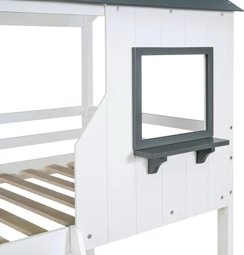 Vista 183 de Cama de casa de tamaño individual con elegantes ventanas y estantería, litera con diseño de castillo de madera con barandillas de seguridad