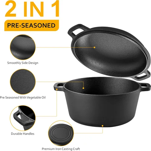 Vista 5 de Velaze Olla Holandesa de Hierro Fundido con Tapa de Sartén, Sartén de Hierro Fundido de Doble Mango 2 en 1 Presazonada para Hornear Pan, Freír