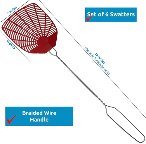 Vista 2 de W4W, Matamoscas Bug & Fly Swatter con mango de metal trenzado, paquete de 6 matamoscas para interiores y exteriores
