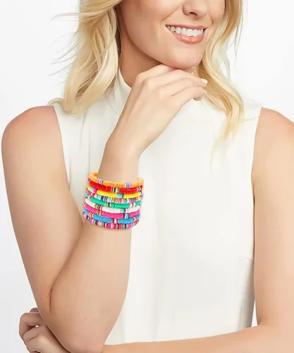Vista 2 de XOCARTIGE Pulseras de surfista Heishi para mujer apilables de vinilo con cuentas de arcilla elásticas con capas pulseras de amistad joyería bohemia