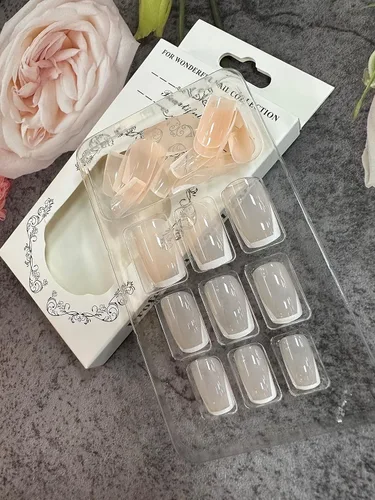Vista 3 de Uñas postizas a presión con punta francesa, uñas postizas cuadradas medianas y largas, uñas postizas acrílicas de cobertura completa con uñas
