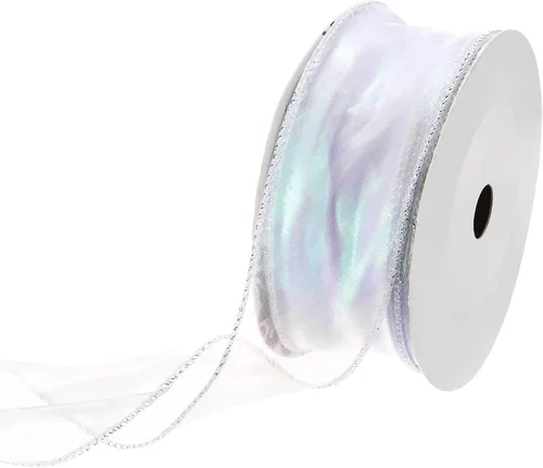 Vista 10 de MECCANIXITY Cinta de Organza Transparente con Alambre Brillante de 2 3/8" de Ancho, Cintas de Gasa Iridiscente Pastel de 3 Yardas Color Beige