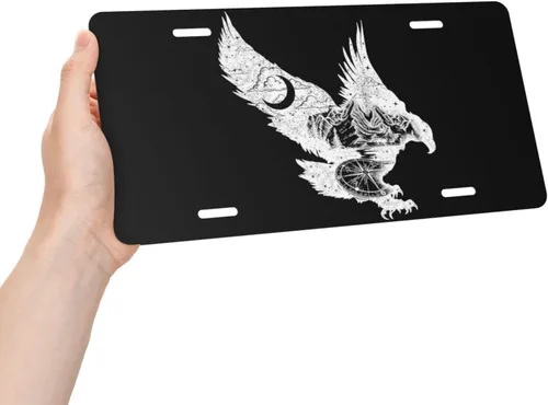 Vista 3 de Placa de Matrícula de Aluminio Águila Brújula Montaña Bosque Luna Nubes 6 x 12 Pulgadas Placa de Matrícula Frontal de Metal para Automóvil Cubierta