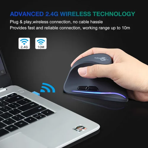 Vista 3 de TRELC Ratón ergonómico, ratón óptico vertical inalámbrico de 2.4 G con sensibilidad ajustable (1000/1600/2400 DPI), 6 botones para PC, computadora