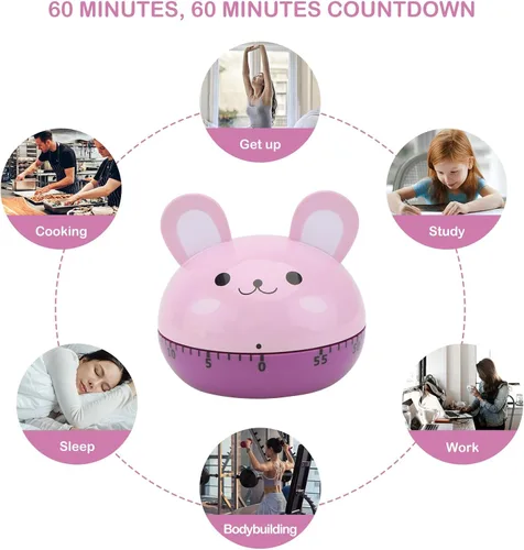 Vista 6 de Cartoon Animal Shaped Mechanical Kitchen Timer Small Rabbit Design Battery-Free Time Reminder Cooking Countdown Tool for Home and Office Use