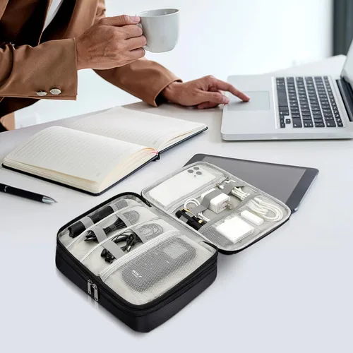 Vista 7 de SELLYFELLY Organizador de viaje para electrónica, bolsa organizadora de cables de doble capa, bolsa de almacenamiento de accesorios electrónicos a