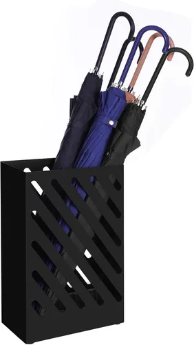 Vista 7 de SONGMICS Soporte de paraguas de metal, rectangular, con bandeja de goteo extraíble, 4 ganchos, diseño recortado, para entrada, oficina, negro