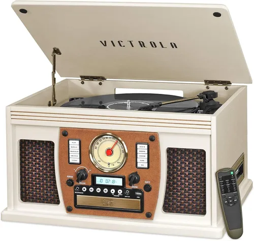 Vista 11 de Victrola Aviator - Reproductor de discos Bluetooth 8 en 1 y centro multimedia con altavoces estéreo incorporados, tocadiscos de 3 velocidades