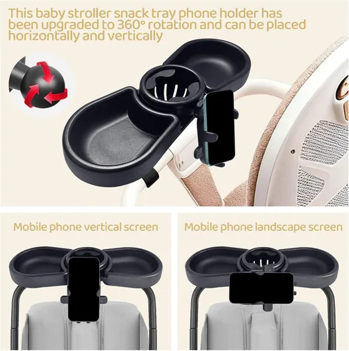 Vista 6 de Bandeja universal para refrigerios para cochecito, compatible con Nuna Bugaboo Uppababy con soporte para teléfono, accesorios esenciales