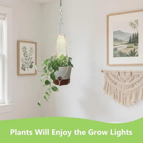 Vista 4 de Macetas colgantes para plantas de interior: paquete de 2 perchas de macramé con luces de cultivo y macetas de riego automático, macetas colgantes