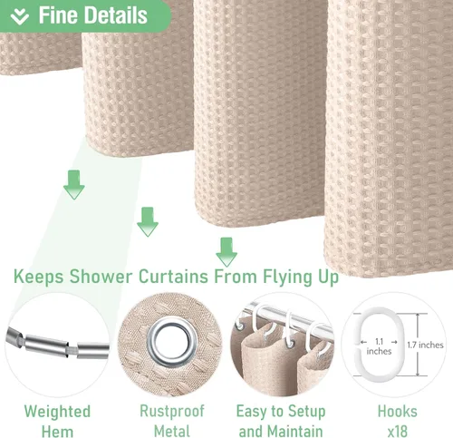 Vista 570 de Cortina de ducha de tela Dynamene verde oscuro - Cortinas de baño de tela de nido de abeja texturizadas resistentes, juego de cortinas de baño