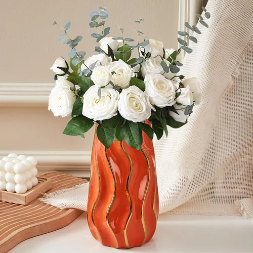 Vista 5 de Jarrón de cerámica, jarrón naranja para decoración del hogar, florero decorativo, jarrones de cerámica de rayas verticales para decoración