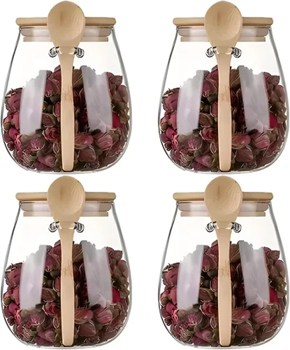 Vista 12 de Juego de tarros de almacenamiento de vidrio herméticos con tapa de bambú de boca ancha, a prueba de fugas, con cuchara, se pueden usar para granos