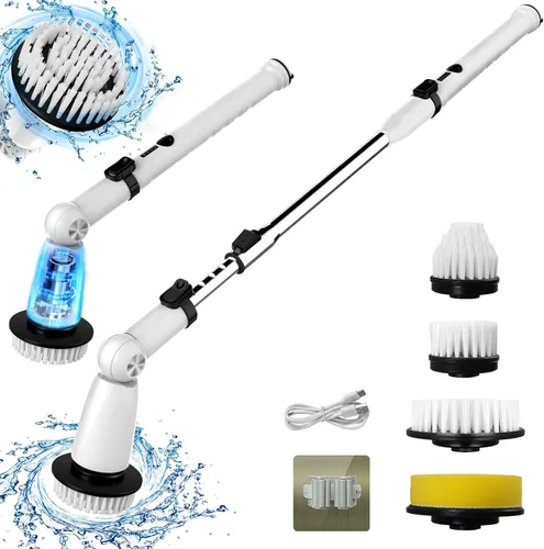Limpiador eléctrico giratorio, limpiador de baño mejorado, cepillo de limpieza de ducha eléctrico con mango extensible y 4 cabezales de cepillo,