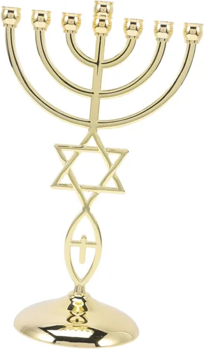 Vista 7 de Candelabro, soporte para velas de menorá de Hanukkah, 7 ramas, centro de mesa de menorá, cono dorado, decoración para fiestas de vacaciones