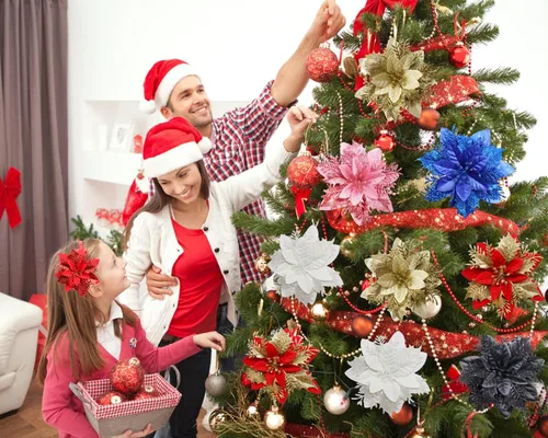 Vista 5 de 12 piezas de flores de Pascua artificiales de Navidad con clips y tallos, decoraciones de Navidad con purpurina para adornos de árbol de Navidad