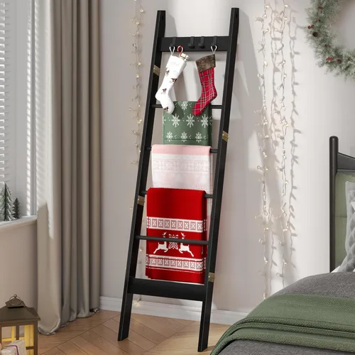 Vista 59 de Escalera para manta para sala de estar, estante decorativo para edredón con 4 ganchos extraíbles, 5 niveles de soporte de escalera de granja Blanco