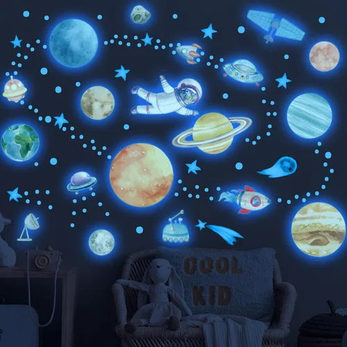 Vista 2 de Calcomanías de pared del sistema solar de acuarela, estrellas que brillan en la oscuridad, pegatinas de planetas para niños para el techo