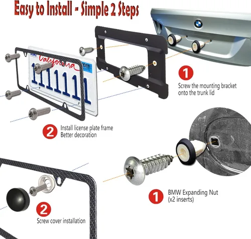 Vista 4 de Marco de soporte para matrícula trasera Aootf - Compatible con BMW Serie 1 a 6, soporte para etiqueta con tuercas de expansión enchufables y marco