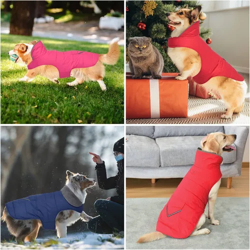 Vista 6 de Abrigo de invierno para perro, chaqueta para perro con bolsillo y tira reflectante, suéter impermeable resistente al viento, ropa para cachorros